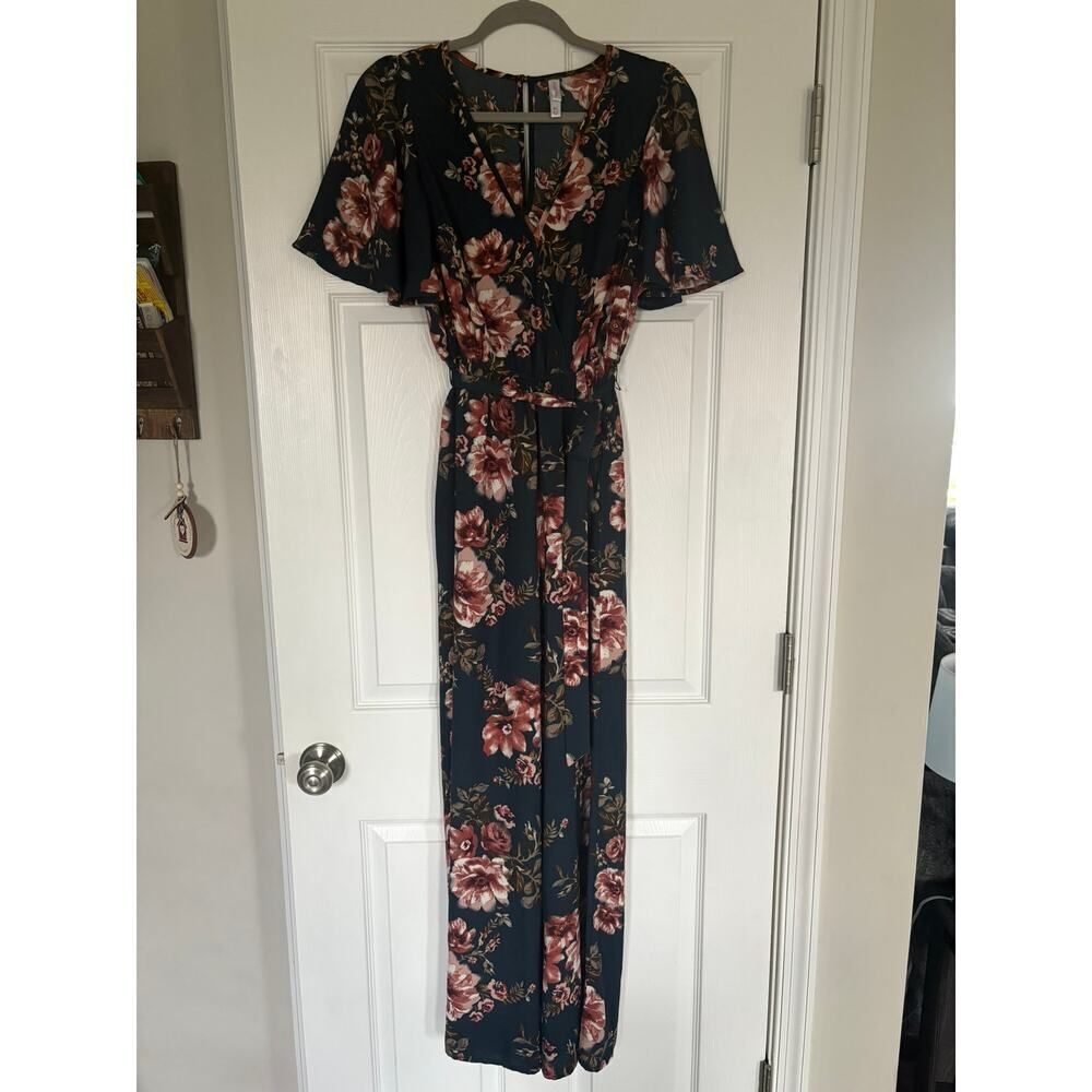 Xhilaration Floral V-Neck Jump Suit Green Pink XS
